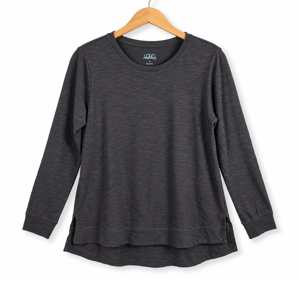 LOGO Principles T-Shirt Womens XS Phantom Long Sleeve Slub Knit Casual A698981